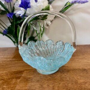 Vintage Light Blue Art Glass Basket‎ Textured Sunburst Design Clear Handle Decor